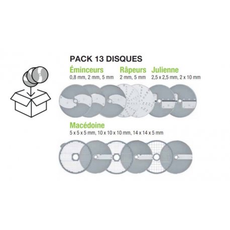 Pack nutrition fraîcheur : 3 éminceurs, 2 râpeurs, 3 macédoines, 2 juliennes, 4 porte-disques muraux + 1 kit D-clean
