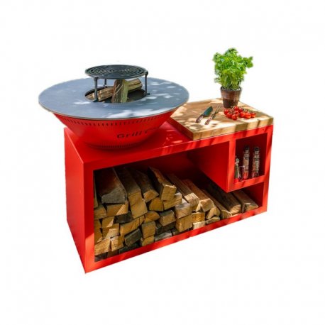 Braséro traditionnel rouge - hauteur de cuisson 900 mm - plaque de cuisson Ø1030 mm - 1430x520x610 mm
